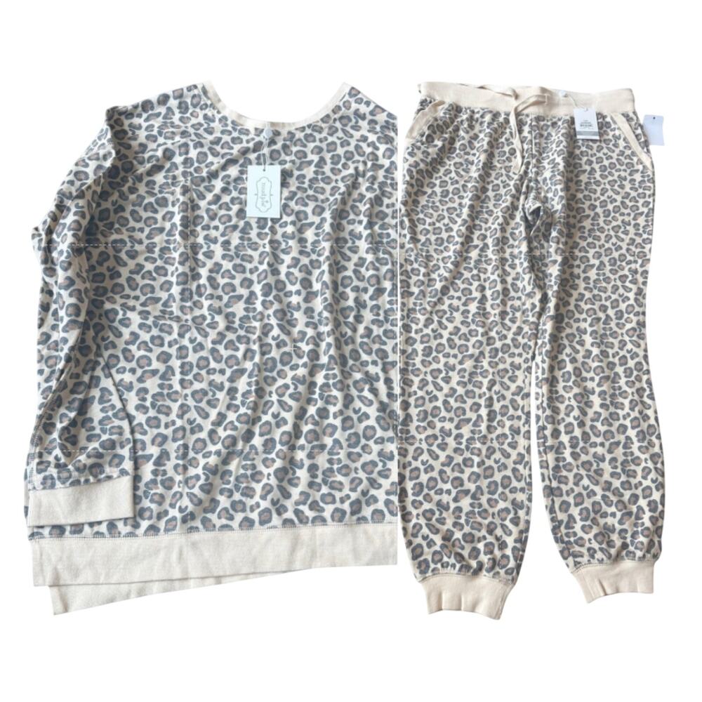 Mud Pie Womens Lounge Jogger & Sweatshirt 2Pc Set M Tan Leopard Animal Print NEW